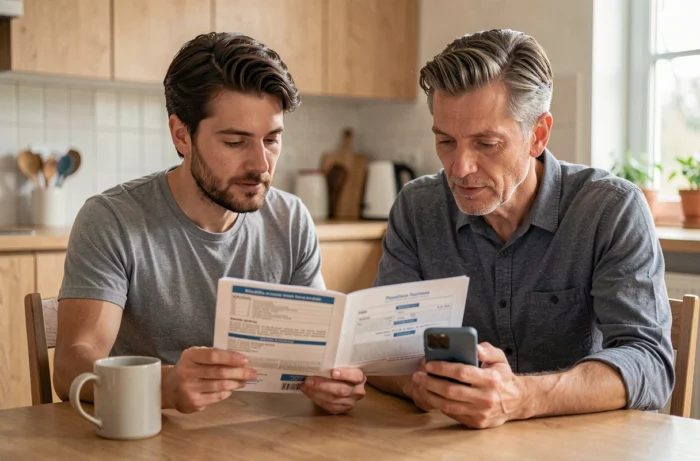 Couple consultant les garanties et remboursements de leur mutuelle Interiale à domicile