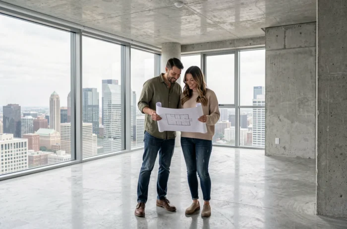 Couple examinant les plans d'un appartement moderne avec vue sur la ville lors d'une visite immobilière