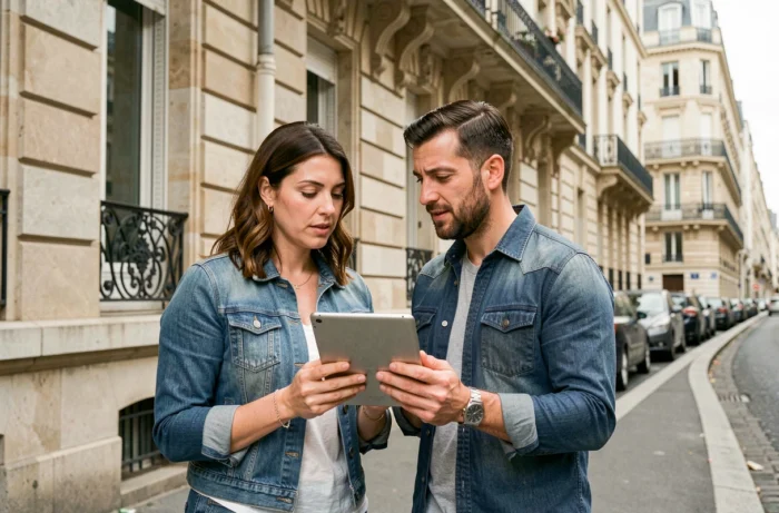 Couple visitant un immeuble locatif dans un quartier résidentiel urbain