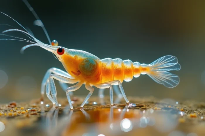 Crevette fée translucide nageant dans une mare temporaire peu profonde, détails anatomiques visibles sous l'eau claire
