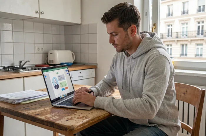 Homme utilisant un assistant IA sur ordinateur portable pour sa demande de logement social depuis son appartement