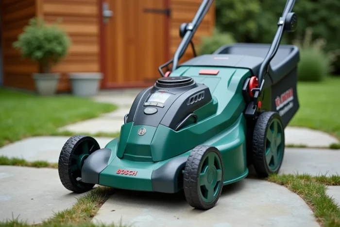 Gros plan sur le bac de ramassage et le panneau de commande de la tondeuse Bosch AdvancedRotak 770