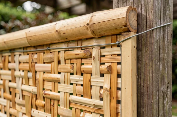 Gros plan sur la texture et le tissage d'une canisse en bambou naturel fixée sur une pergola en bois