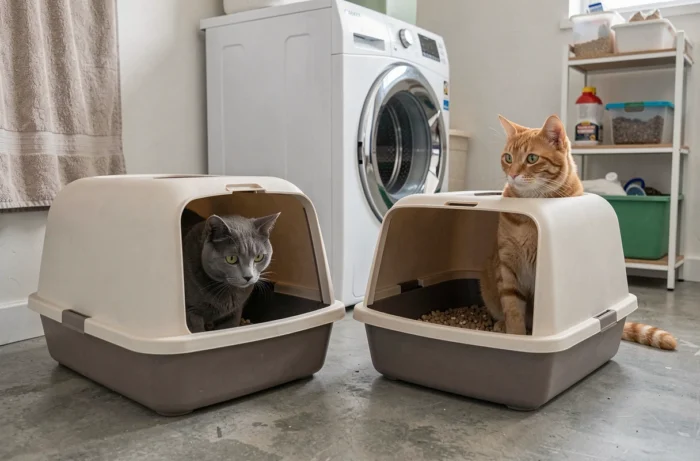 Deux bacs à litière côte à côte dans une buanderie avec deux chats, montrant la configuration idéale pour une maison avec plusieurs chats