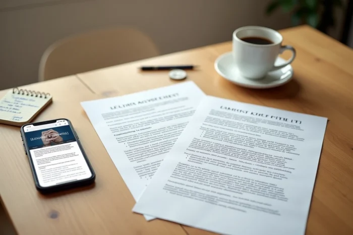 Vue en plongée de deux contrats de bail posés sur une table de cuisine avec un smartphone affichant des informations juridiques sur la double location