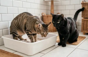 Deux chats domestiques près d'un bac à litière propre dans une salle de bain, illustrant l'organisation de l'espace pour plusieurs chats