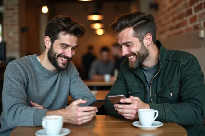 Deux hommes souriants utilisant leurs smartphones dans un café pour discuter en ligne
