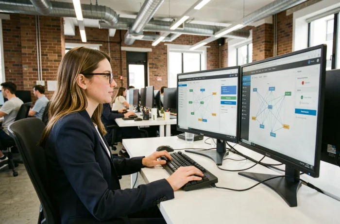 Développeuse travaillant sur un tableau de bord de gestion de cluster informatique dans un bureau moderne