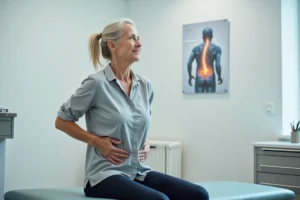 Femme d'âge mûr en consultation médicale après une infiltration, tenant sa main dans le bas du dos dans un cabinet d'orthopédie moderne