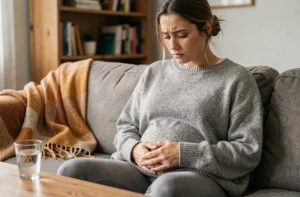 Jeune femme tenant sa main sur le bas-ventre, assise dans un salon cosy, illustrant les douleurs de nidation et les premiers signes de l'implantation embryonnaire