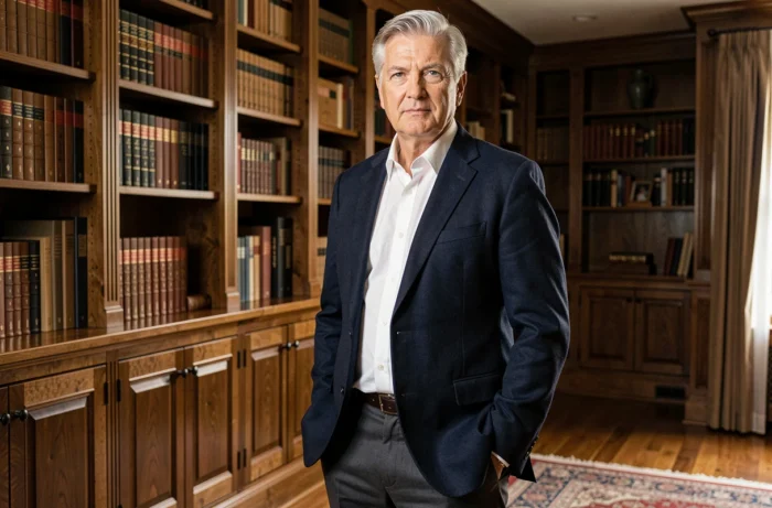 Homme élégant aux cheveux argentés portant un blazer marine taillé sur mesure dans une bibliothèque en bois sombre, style vestimentaire masculin après 60 ans