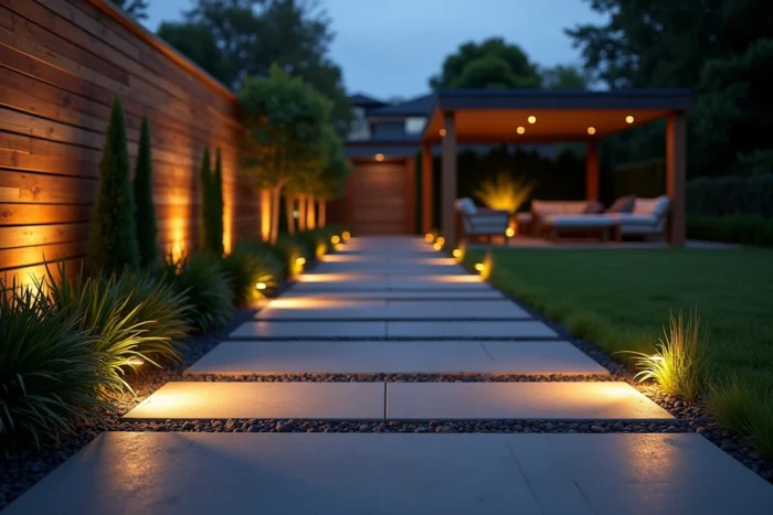 Éclairage LED encastré en bordure d'un cheminement de jardin contemporain au crépuscule