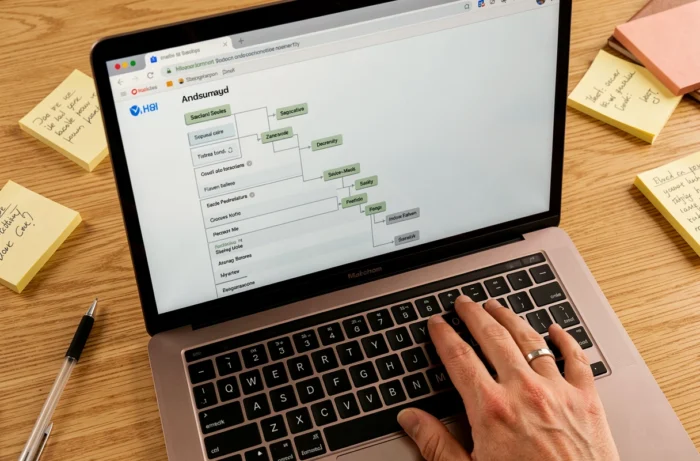 Gros plan sur un écran d'ordinateur affichant le plan du site Chez Sylvie avec une main sur le trackpad