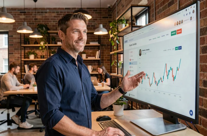 Entrepreneur masculin debout dans un espace de co-working moderne, analysant des graphiques de revenus sur un grand écran pour développer son activité en ligne