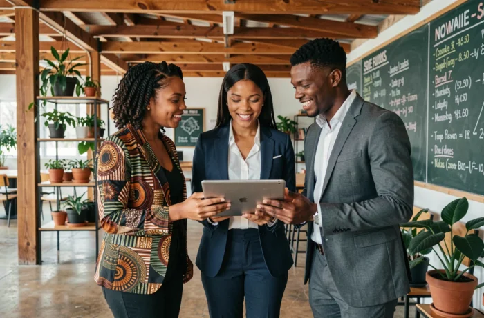 Jeunes entrepreneurs malgaches collaborant autour d'une plateforme numérique pour accroître la visibilité de leurs entreprises