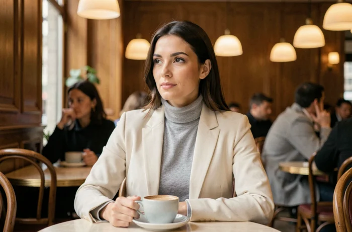 Femme confiante et sereine assise dans un café parisien, illustrant la gestion des rumeurs de couple avec élégance