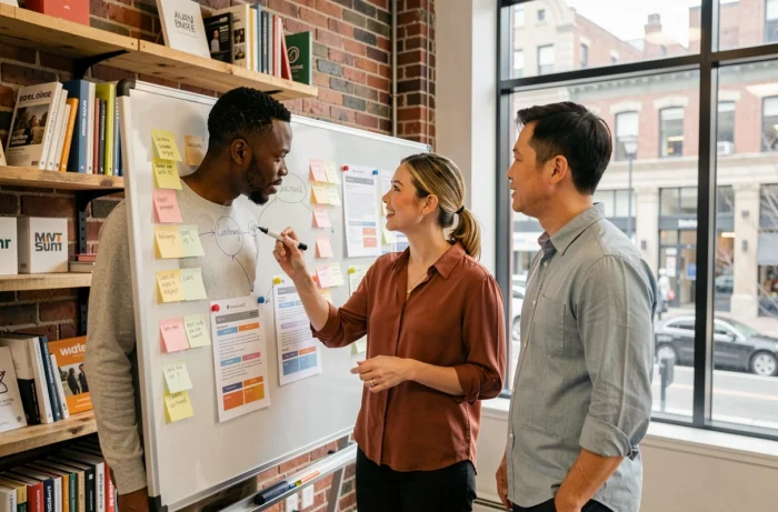 Équipe d'une agence web marketing collaborant sur une stratégie de visibilité en ligne autour d'un tableau blanc