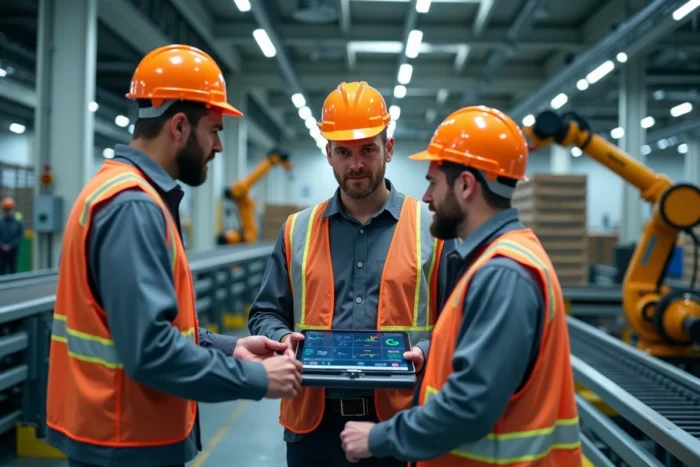 Équipe de professionnels industriels discutant des données de processus sur une tablette numérique au sein d'une ligne d'assemblage