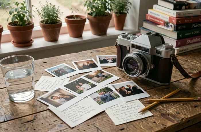 Espace de travail d'une photographe avec tirages argentiques, appareil photo vintage et notes manuscrites sur un bureau en chêne