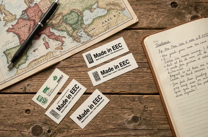 Vue à plat d'étiquettes 'Made in EEC' sur des produits variés avec une carte d'Europe et des notes commerciales sur un bureau en bois
