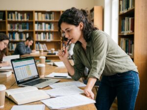 Étudiante en année préparatoire planifiant son projet professionnel dans une bibliothèque universitaire