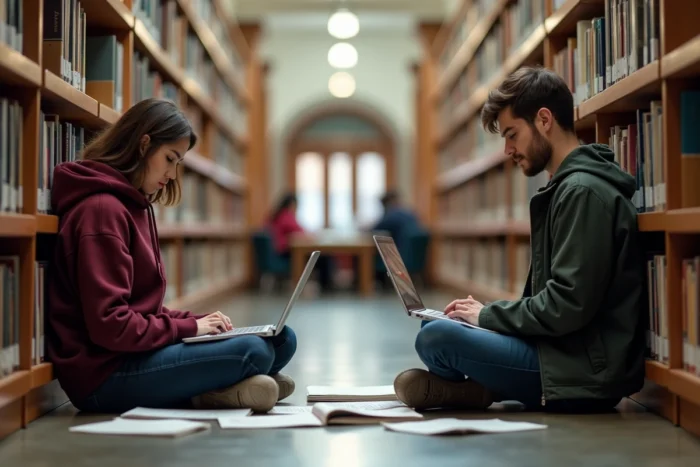 Étudiants en apprentissage ouvert et à distance dans une bibliothèque universitaire avec ordinateurs portables et supports de cours