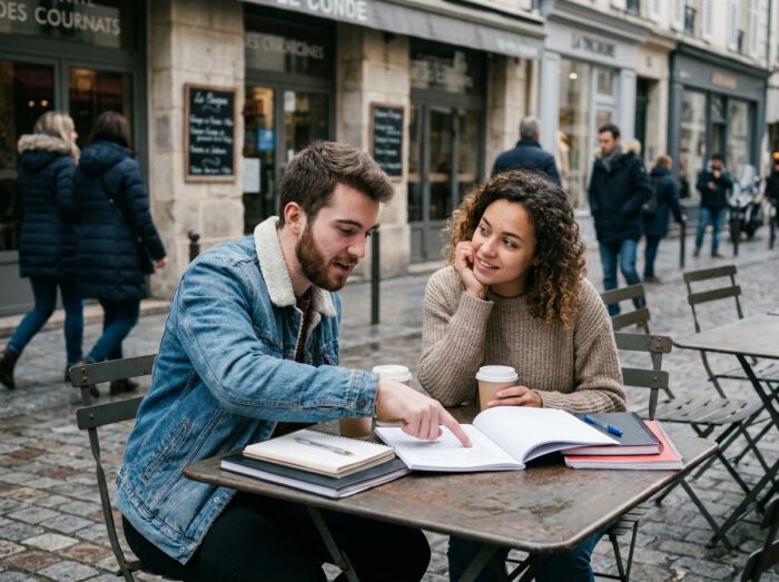 Deux étudiants discutant de leur projet professionnel en terrasse de café pendant leur année préparatoire