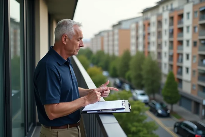 Expert en sécurité inspectant une fenêtre de balcon au troisième étage d'un immeuble résidentiel urbain