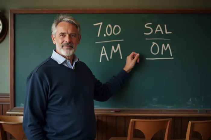 Professeur expliquant les notations AM et PM devant un tableau noir dans une salle de classe
