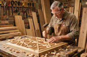Artisan sculptant des motifs géométriques sur un panneau en bois de chêne pour fabriquer un moucharabieh