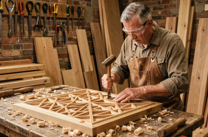 Artisan sculptant des motifs géométriques sur un panneau en bois de chêne pour fabriquer un moucharabieh