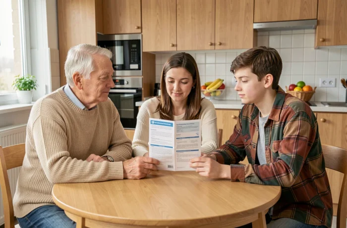 Famille multigénérationnelle étudiant les garanties d'une mutuelle santé ensemble à la maison