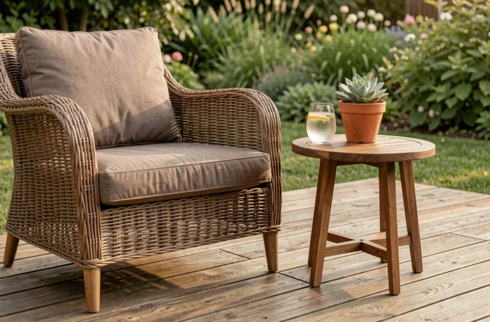 Détail d'un fauteuil de jardin en rotin avec coussin taupe sur une terrasse en bois avec vue sur jardin verdoyant