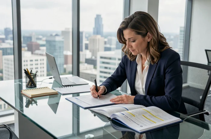 Femme d'affaires signant un contrat commercial illustrant la notion d'acte de commerce selon le code de commerce français