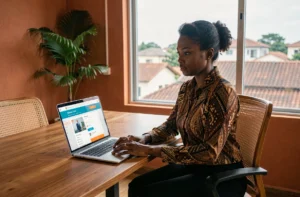 Femme d'affaires malgache utilisant une plateforme numérique pour booster la visibilité de son entreprise à Antananarivo