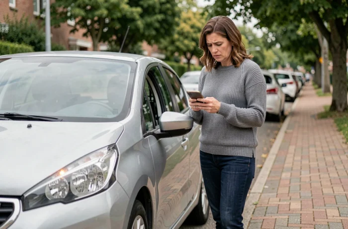Femme consultant son téléphone à côté de sa Peugeot 208 garée pour comprendre l'alerte du voyant clé à molette