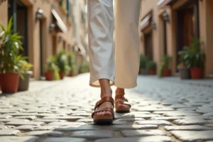 Femme portant des sandales Birkenstock Arizona en cuir naturel sur une rue pavée européenne, alliant confort et style décontracté au quotidien