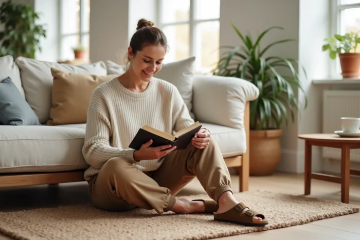 Femme détendue sur un canapé en lin avec des sabots Birkenstock Boston en daim posés au sol, dans un intérieur chaleureux et minimaliste