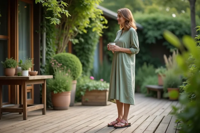 Jeune femme portant des sandales Birkenstock Mayari en cuir sur une terrasse en bois face à un jardin verdoyant, incarnant bien-être et douceur de vivre