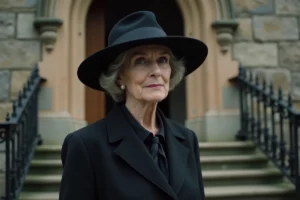 Femme portant un chapeau noir à large bord lors d'un enterrement devant une église en pierre