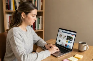 Femme comparant des plateformes d'achat en ligne sécurisées sur un ordinateur portable dans un bureau à domicile