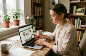 Femme consultant un guide des régimes alimentaires sur un ordinateur portable dans un bureau à domicile organisé