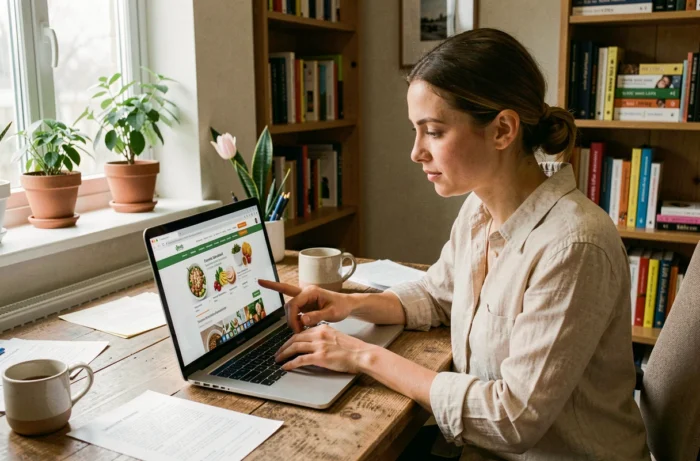 Femme consultant un guide des régimes alimentaires sur un ordinateur portable dans un bureau à domicile organisé