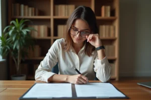 Femme lisant deux contrats de location simultanément à son bureau, illustrant la question juridique de la double location d'appartement