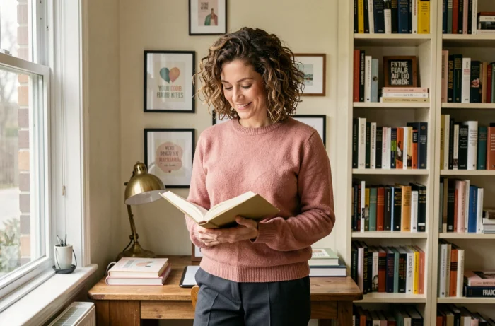 Femme épanouie écrivant dans un journal personnel dans un bureau à domicile chaleureux pour le développement personnel