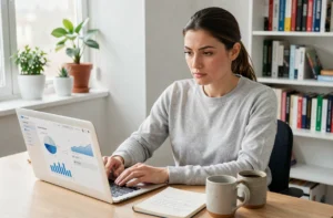 Femme entrepreneur travaillant sur son business en ligne depuis un bureau à domicile avec un ordinateur portable et un tableau de bord analytique