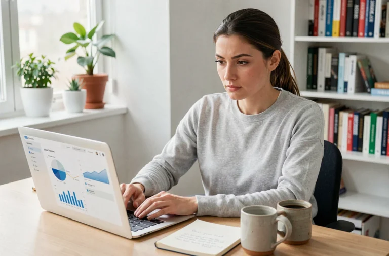 Femme entrepreneur travaillant sur son business en ligne depuis un bureau à domicile avec un ordinateur portable et un tableau de bord analytique