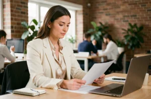 Femme entrepreneure confiante travaillant dans un espace de coworking moderne avec blazer ivoire et documents professionnels