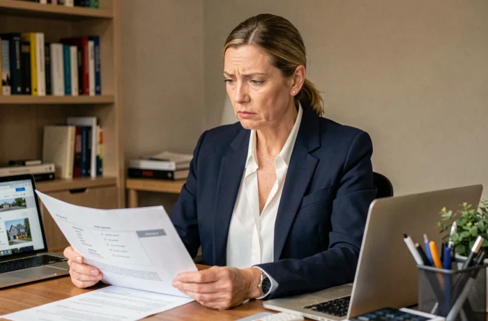 Femme consultant une estimation immobilière en ligne sur ordinateur portable avec un air dubitatif, assise à un bureau à domicile