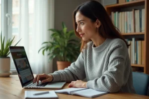 Femme en formation à distance sur son ordinateur portable dans un bureau à domicile organisé avec des livres et des notes